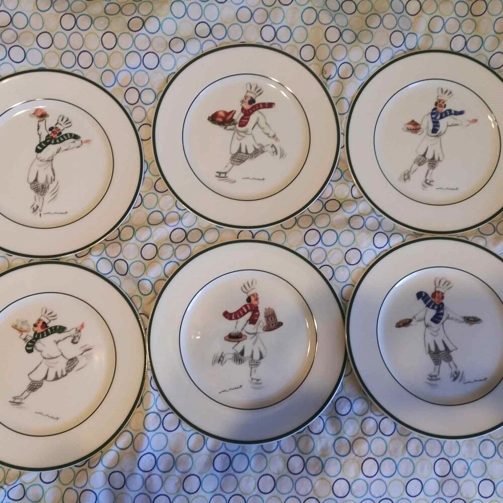 Williams Sonoma Skating Chefs 6 Plates 8.5" NEW SET